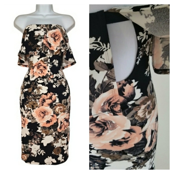 FOREVER 21 Pink White Floral Print Strapless Ruffle Overlay Bodycon Midi Dress M - Picture 3 of 9